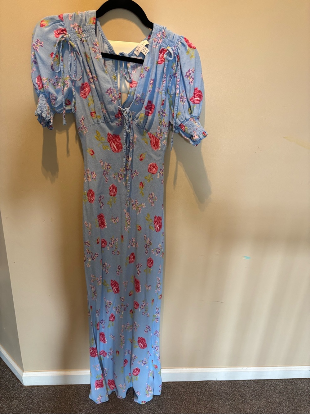 Topshop Light Blue Floral Maxi Dress with Puff Sleeves us 4 uk 8